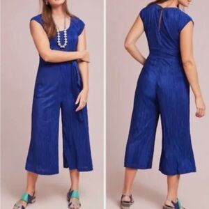 Anthropologie Maeve Sonata Blue Tie Front Ribbed Cropped Jumpsuit